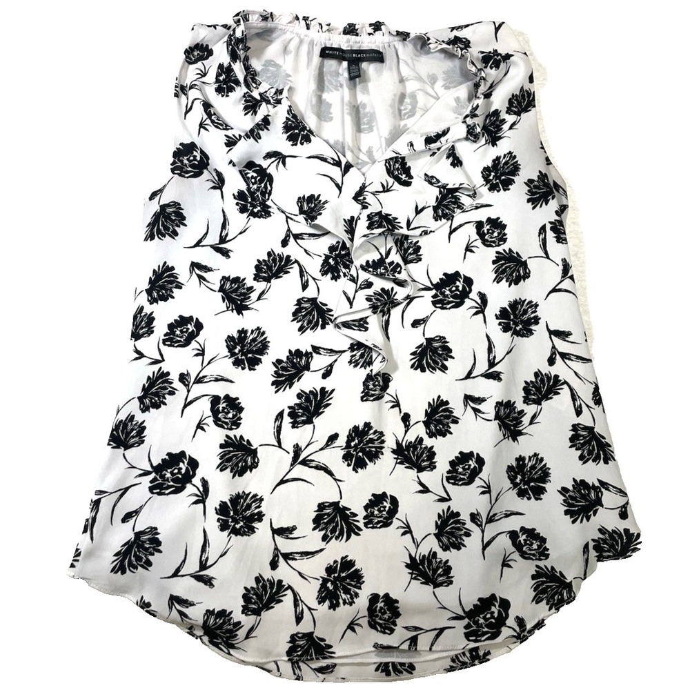 White House Black Market Floral Chiffon Top Sleeveless Hi Low Ruffle White Sz S